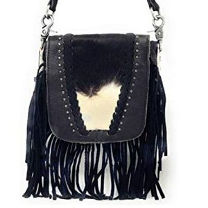 Black leather cowhide crossbody bag